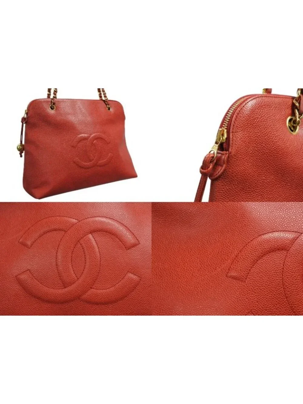 Chanel Chain Shoulder Tote Bag Caviar Leather Big CC Logo Coco Ball Red Gold